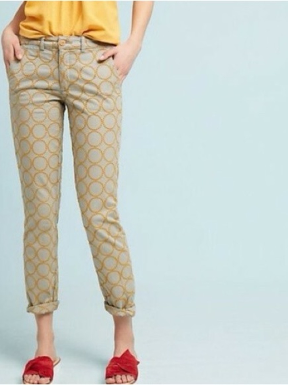 Beige Skinny Jeans with Mustard Circle Print